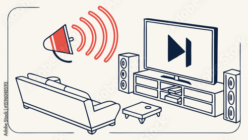 Living room setup with television speakers sofa and megaphone illustration.