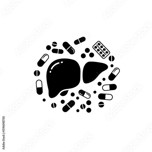 Liver vector illustration, surrounded by various pills and capsules. Medicine and treatment concept. Polypharmacy problem metaphor. Overtreatment and overdiagnosis issues