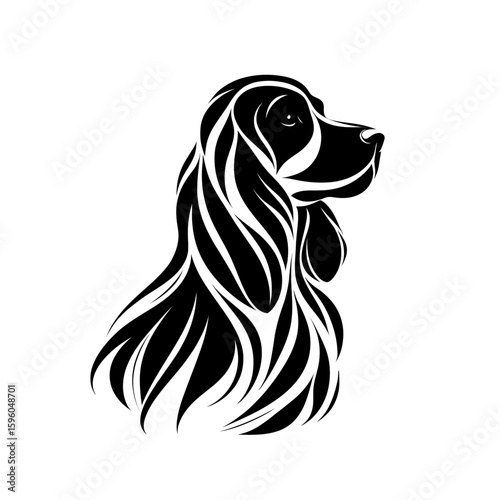 Vector illustration of spaniel in black strokes and lines. Family pet, love and care for animals, adoption fair. Types of breeds, decoration for grooming salon or vet clinic