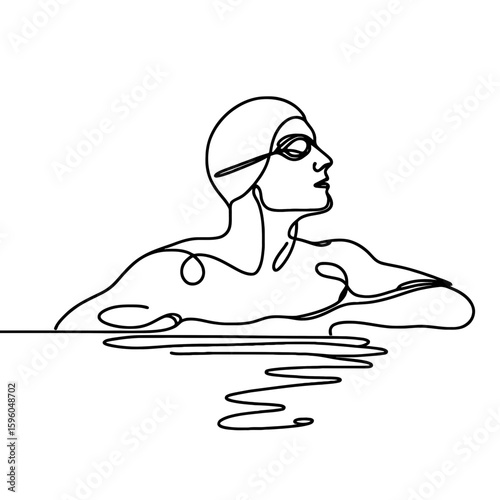 Minimalist continuous line vector of swimmer in water with goggles. Sports, physical activity, professional training and championships. Summer and recreational hobby