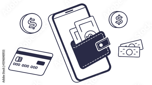 Mobile Wallet with Cash Credit Card and Coins.