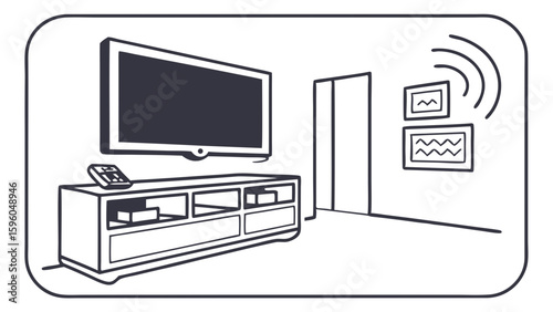 Modern Living Room Entertainment Center with WallMounted TV and Wireless Signal.