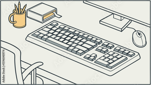 Office Desk Setup with Computer Keyboard and Mouse.