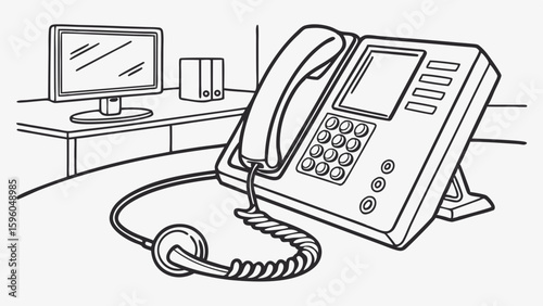Office Desk with Telephone Monitor and File Folders Illustration.