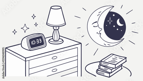 Nighttime Reading Nook with Lamp Clock and Moon.
