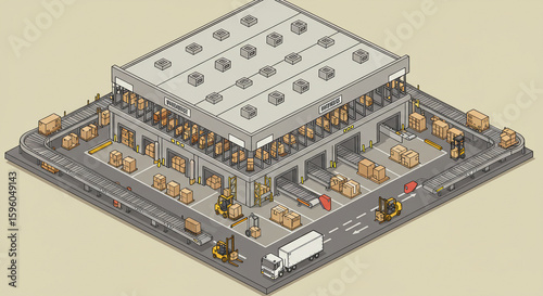 Isometric Warehouse Facility: Efficient Goods Handling and Logistics.