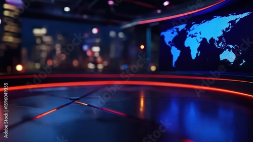 Futuristic Global News Studio Background with World Map and Cityscape Display