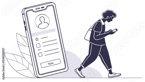 Person using mobile phone while walking online form on display.