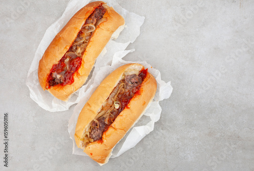 Traditional South African Boerewors roll flat lay on grey