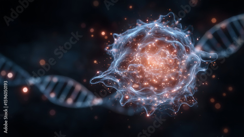 Illustration of a cancer cell with glowing DNA strands being decoded in real time using AI-powered genomic sequencing. Data points and mutation markers float in augmented reality a