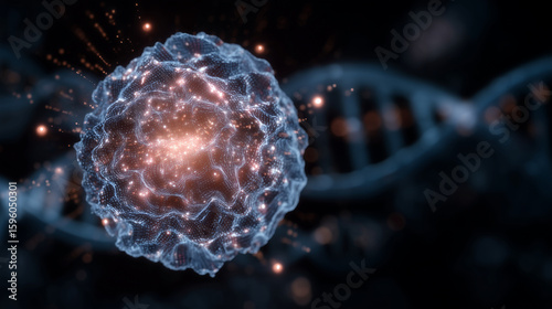 Illustration of a cancer cell with glowing DNA strands being decoded in real time using AI-powered genomic sequencing. Data points and mutation markers float in augmented reality a