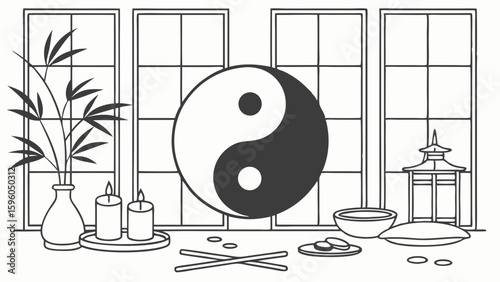 Serene Spa Setting with Yin Yang Symbol and Candles.
