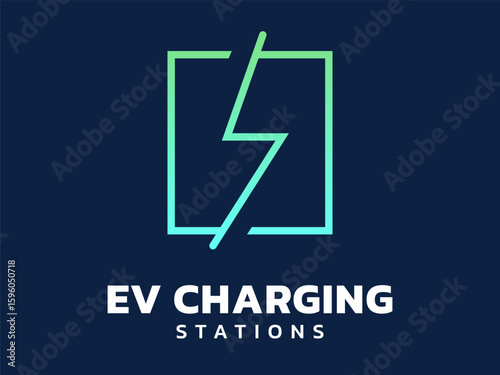 Electric vehicle charging with lightning bolt in outline square logo vector design concept. EV charging logotype symbol for Electric Car, EV station, ui, business, infographic, clean energy, website.