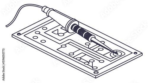 Soldering Iron and Circuit Board Illustration in Isometric Perspective.