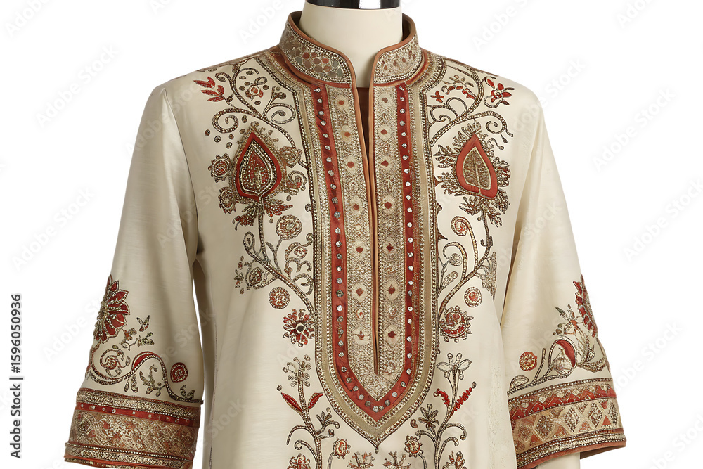 Obraz premium Ornate Embroidered Tunic Detailed View of a Three Quarter Sleeve Shirt isolated on AI Generated by PNG