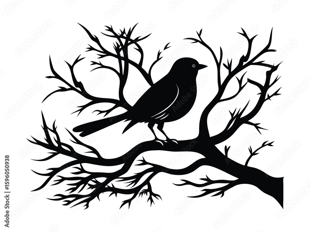Obraz premium Silhouette Bird on Bare Tree Branch