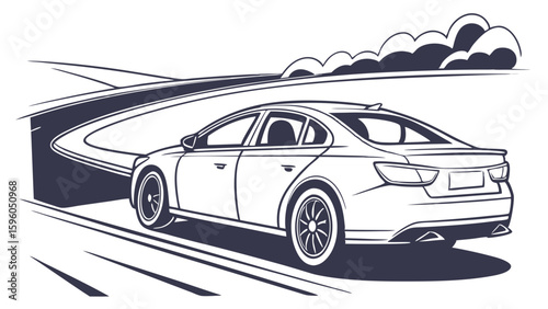 Stylish Sedan Car Speeding on a Winding Road.