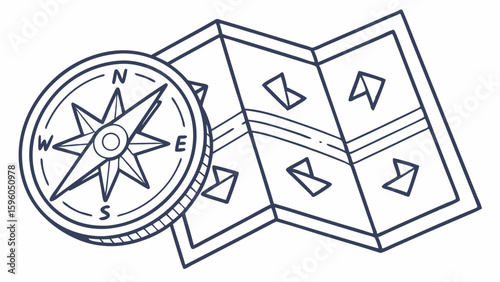 Stylized Compass and Folded Map Illustration with Transparent Background.