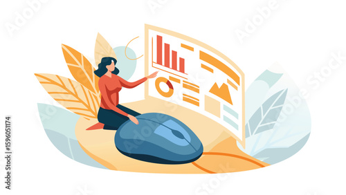 Woman interacting with data visualization on screen with large computer mouse design element is present