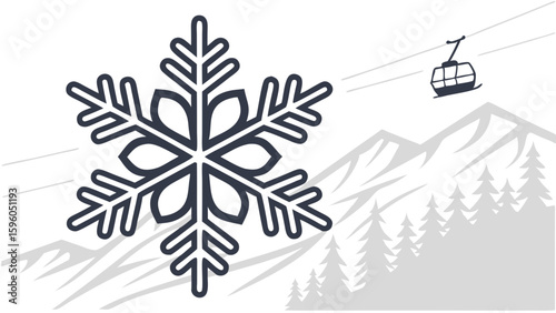 Stylized Snowflake Mountains and Gondola Lift Illustration.
