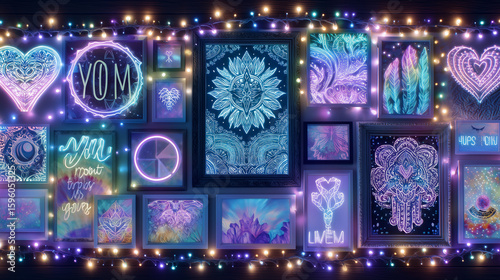 A teenager's room wall decorated with colorful affirmations, dream symbols, and mood-lifting images, glowing with soft LED lights in the background