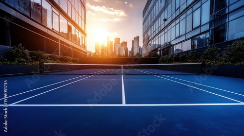 Urban tennis court with cityscape view at sunrise creating a modern vibe