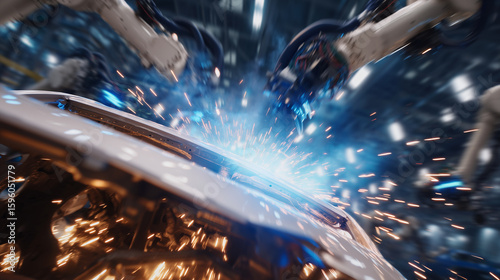 Close-up of robotic arms welding vehicle chassis on an advanced automotive line, sparks flying in synchronized rhythm, smart sensors and control panels glowing robotic welding, veh