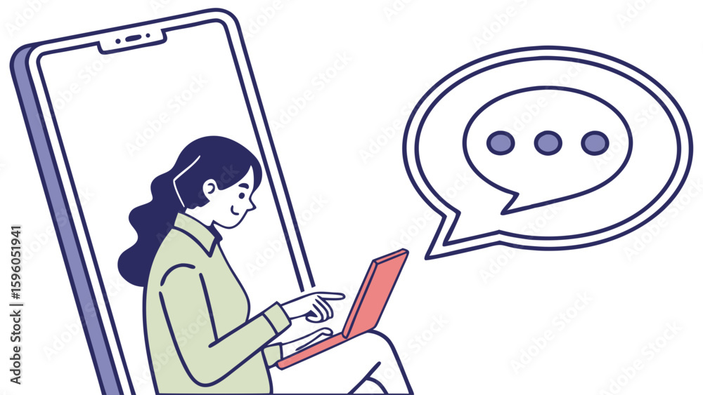 Woman Using Laptop with Chat Bubble and Smartphone. Woman Using Laptop with Chat Bubble and Smartphone.
