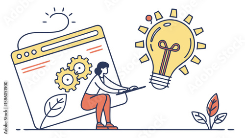 Woman Supporting Website with Gears and Lightbulb Idea.