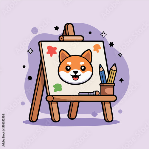 Clean and modern vector  cute shiba inu dog drawing on easel art illustration vector design for kids and creative projects