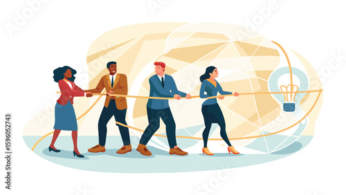 Diverse team pulling rope against idea lightbulb in tug of war competition for innovation concept