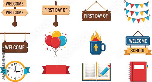 Vector art of a collection of backtoschool themed illustrations featuring welcome signs, first day of school signs, balloons, a mug with fire, a book, a clock, and a banner