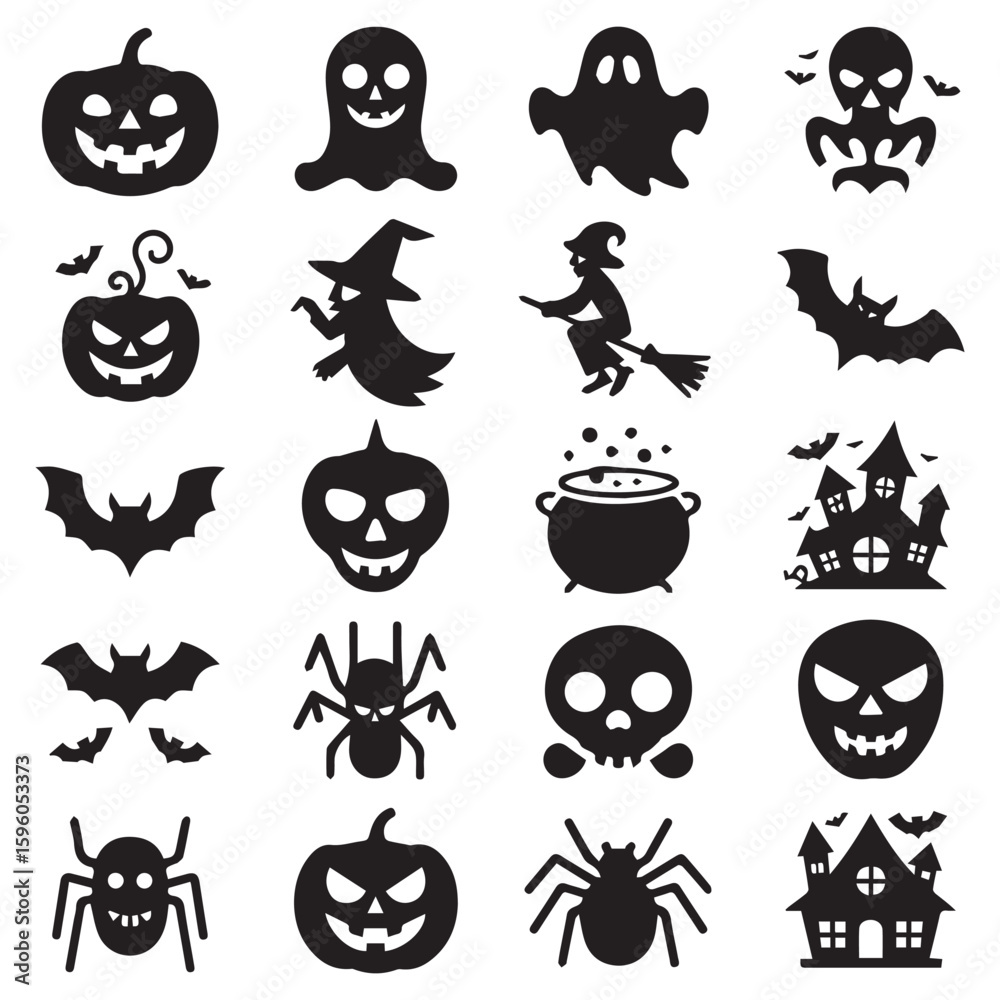 Fototapeta premium Halloween icons set with ghost, pumpkin, witch, bat, spider and skull silhouettes on white background