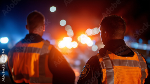 Police securing an accident zone with flares and cones at night, intense flashing lights police officers, road flares, traffic cones, accident site, nighttime security, law enforce