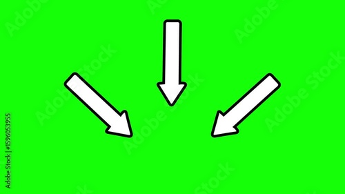 Animation of three pointing arrows drawn in black and white. Three arrows pointing to the same location on a green chroma key background.