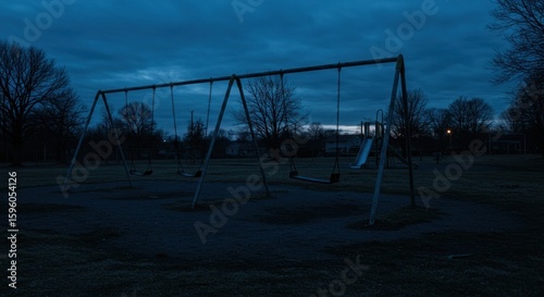 A dark, eerie playground with swings and a slide sits under a twilight sky.