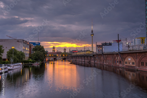 The river Spree in Berlin with the famous TV Tower after sunset