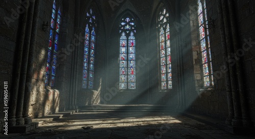 Interior view of a gothic church hall with stained glass windows and sunbeams streaming through.