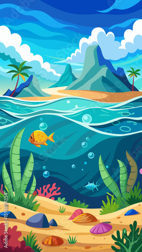 Vector art of a vibrant underwater scene with a yellow fish swimming near seaweed and coral, under a bright blue sky with fluffy clouds and distant islands