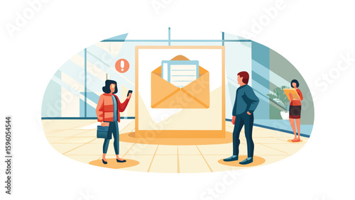 People viewing an email notification displayed on a screen in a modern office setting design art