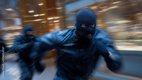 Armed robbery in progress at a jewelry store, masked individuals, police arriving fast, chaos robbery in daylight, armed criminals, jewelry heist, police chase, urban crime, crimin
