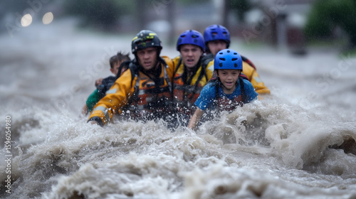 Flooded suburban street, people wading through water, firefighters evacuating children in a rubber boat flood evacuation, natural disaster, water rescue, emergency team, storm dama