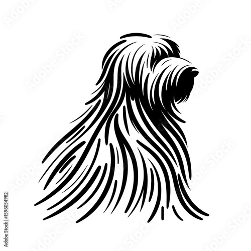Bearded collie dog side view vector in black strokes and lines style. Diversity of breeds, pet and friend for human. Vet clinic professional services, grooming salon and dog food decoration