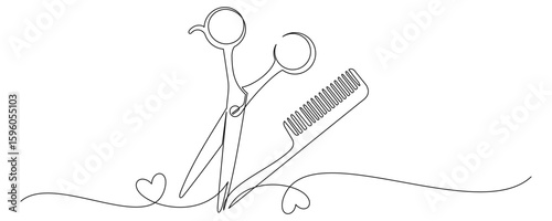  Continuous line drawing of scissors and comb for hair cutting 4