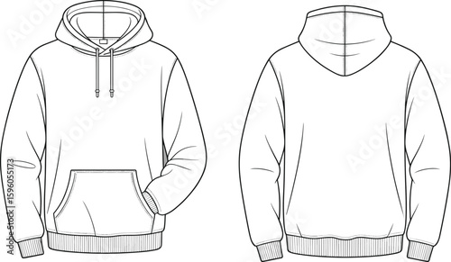 Blank white hooded sweatshirt flat sketch template, front and back views, fashion design, apparel mockup, casual wear, comfortable, customizable, merchandising, versatile, modern, street style.