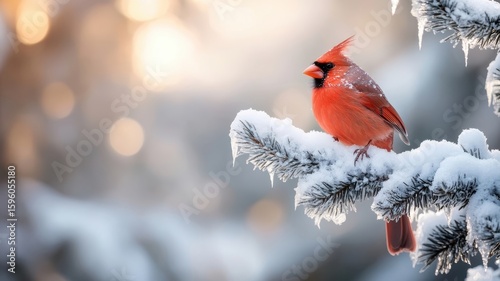 Close-up of evergreen branch with ice crystals and red cardinal.