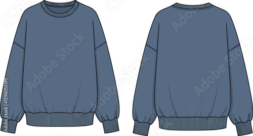 Stylish blue sweatshirt flat sketch template, front and back views, fashion design, apparel mockup, casual wear, comfortable, cozy, customizable, merchandising, versatile, modern, street style.