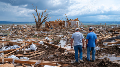 Tornado aftermath in a rural area, flattened buildings, volunteers handing out supplies tornado damage, rural disaster, storm aftermath, supply distribution, humanitarian aid, emer