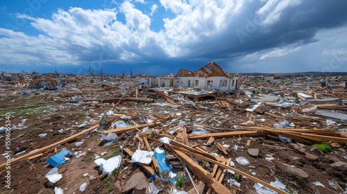 Tornado aftermath in a rural area, flattened buildings, volunteers handing out supplies tornado damage, rural disaster, storm aftermath, supply distribution, humanitarian aid, emer