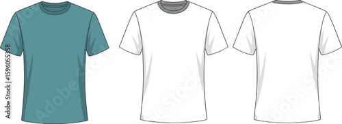 Blank teal and white T-shirt flat sketch template, front and back views, fashion design, apparel mockup, casual wear, textile, clothing, versatile, customizable, merchandising, comfortable.